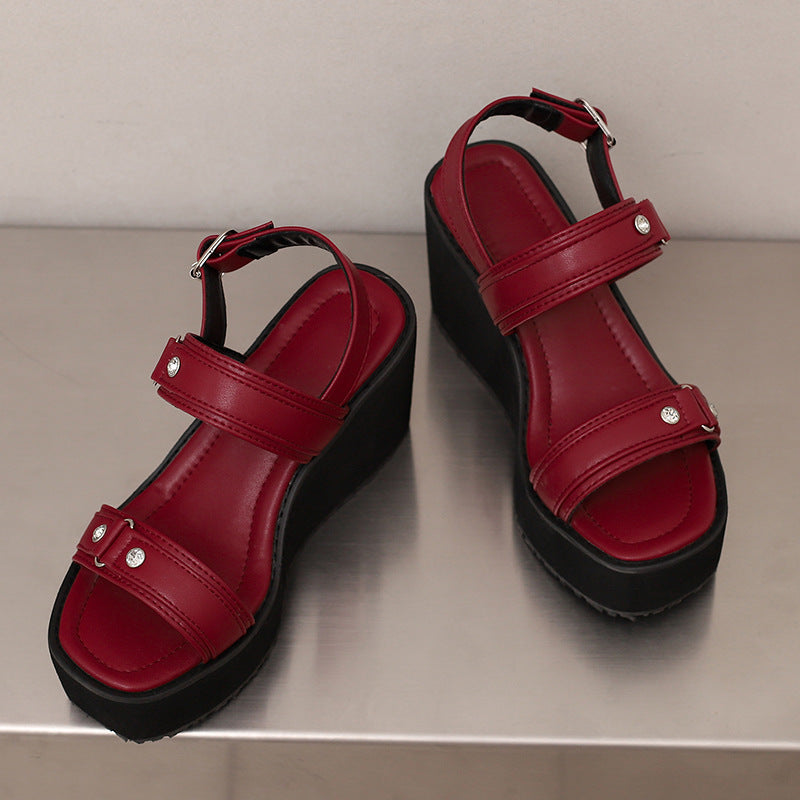 Wedge-Heeled Platform Open-Toe Studded Sandals