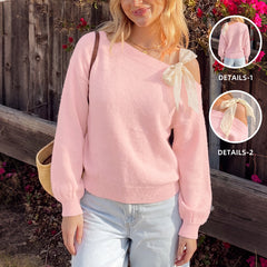 One-shoulder long-sleeve sweater with a bow tie detail