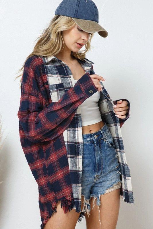 Giorgio Cotton Blend Crop Plaid Button Down Top