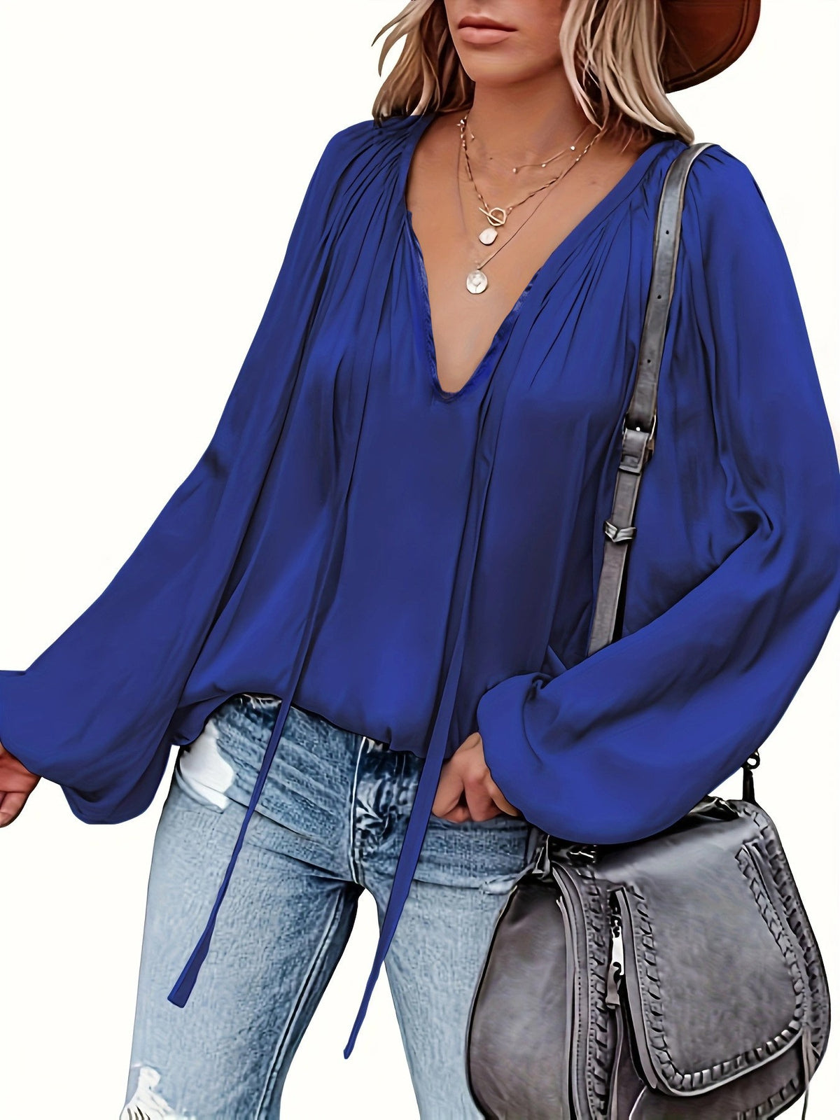 Harrow Satin Split Neck Blouse - Slate