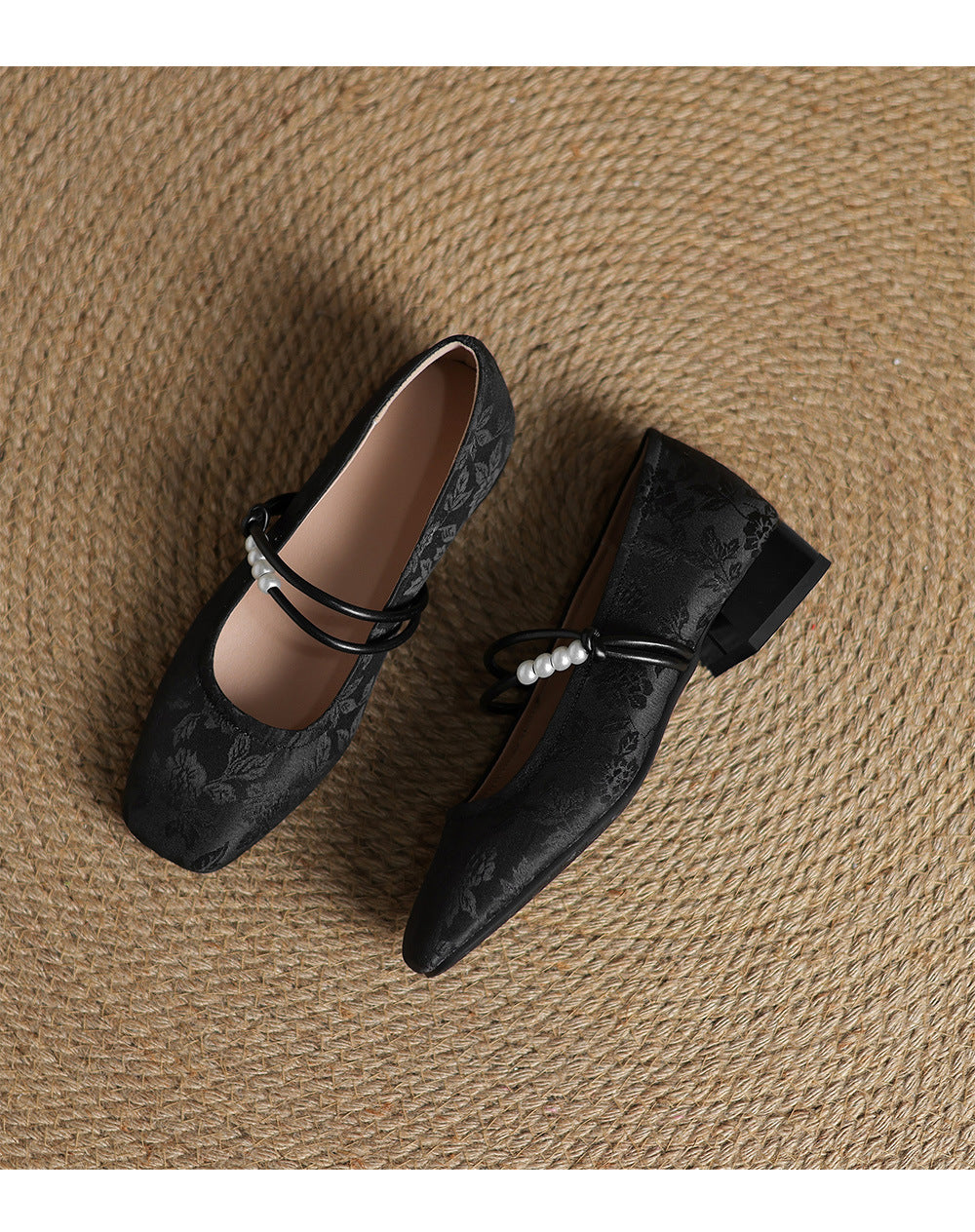 Square Floral Print Mid Block Heel Shoes