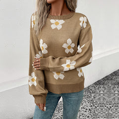 Long-sleeve floral jacquard pullover sweater