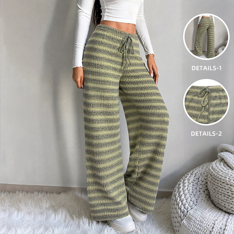 Color-block striped straight-leg wide-leg trousers with a tie-waist