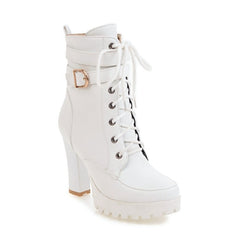 Buckle Lace-Up High Heel Low Boots