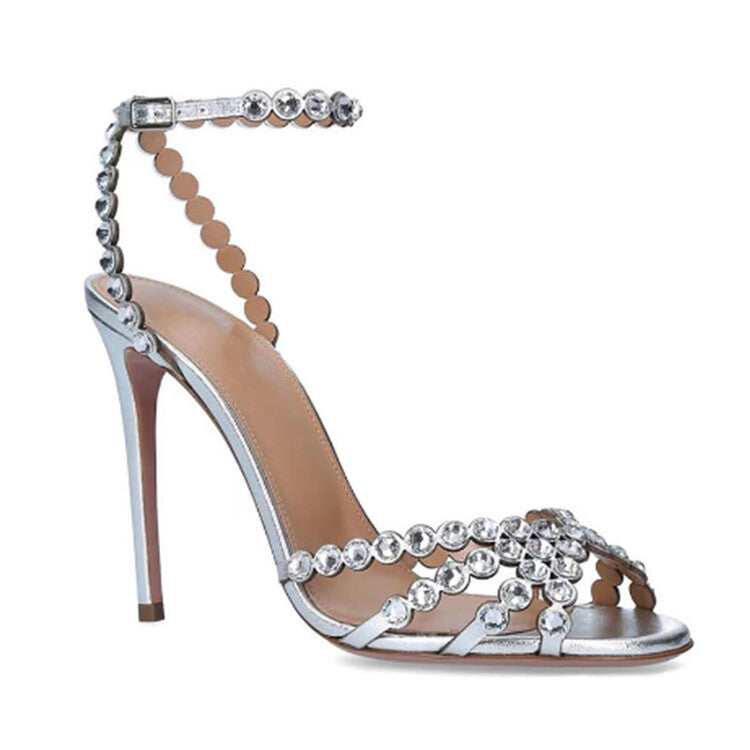 Solid color rhinestone stiletto buckle sandals