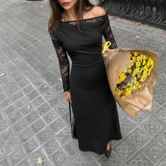 Black one-shoulder long-sleeve lace dress