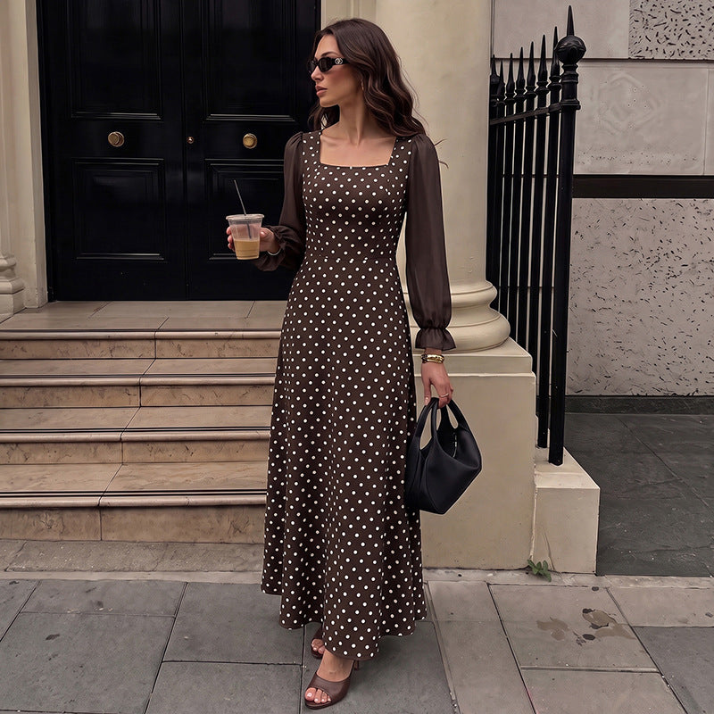 Polka-dot chiffon dress with a square neck and flared sleeves