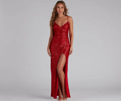 Spaghetti Straps Backless High Slit Slim Fit Sequin Gown - Red