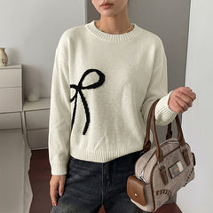 Color-block bow jacquard crew-neck sweater
