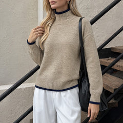 Solid color simple knit sweater with contrasting trim