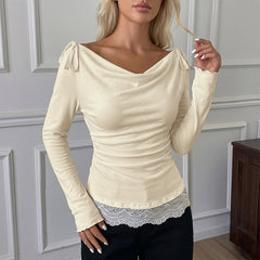 Fitted long-sleeve T-shirt with cowl neck and lace detailing