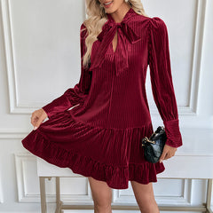 Solid-color velvet dress with a bow-tie collar