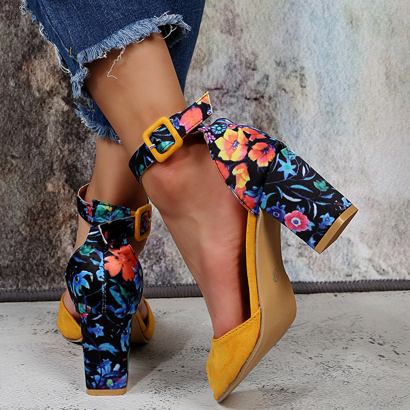 Colorful 3D Flowers Snake Embossed Ankle Strap Heels