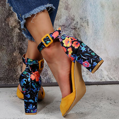 Colorful 3D Flowers Snake Embossed Ankle Strap Heels