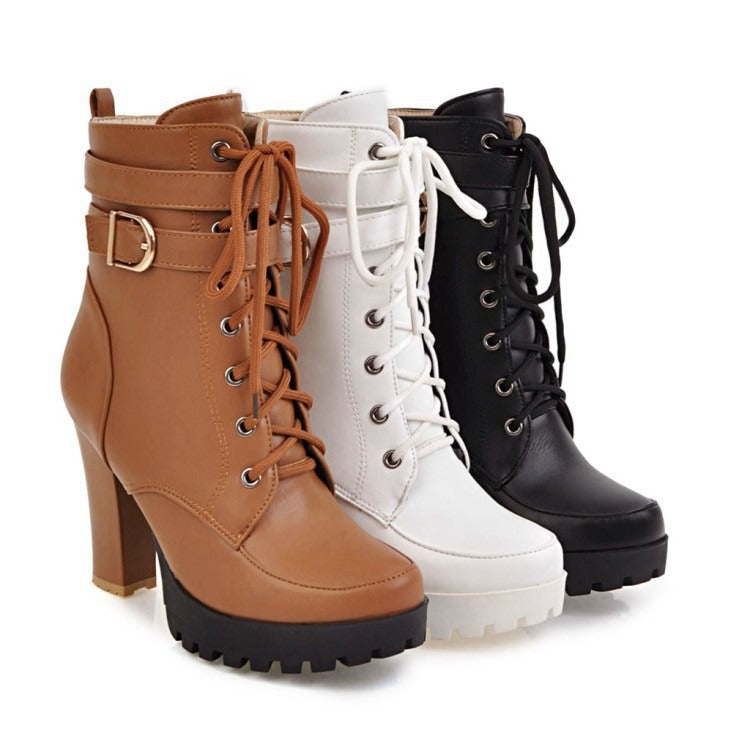 Buckle Lace-Up High Heel Low Boots