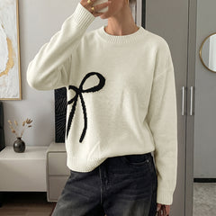 Color-block bow jacquard crew-neck sweater