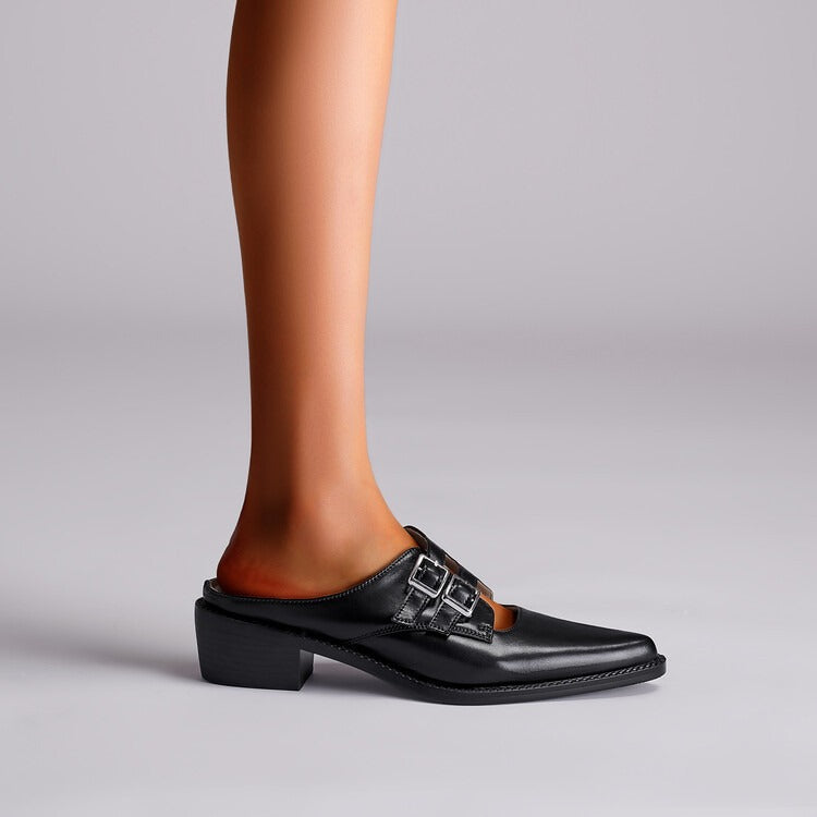 Solid Color Pointed Toe Buckle Low Heel Slippers