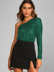 Janella Sequin Padded Shoulder Bodysuit - Green