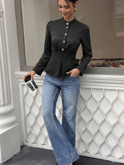 Striped Long-Sleeve Work Shirt with Paneled Waist Detail