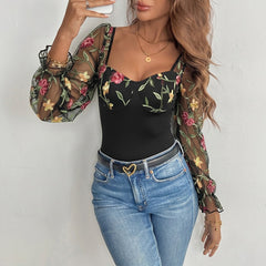Patchwork mesh see-through backless embroidered long-sleeved bodysuit