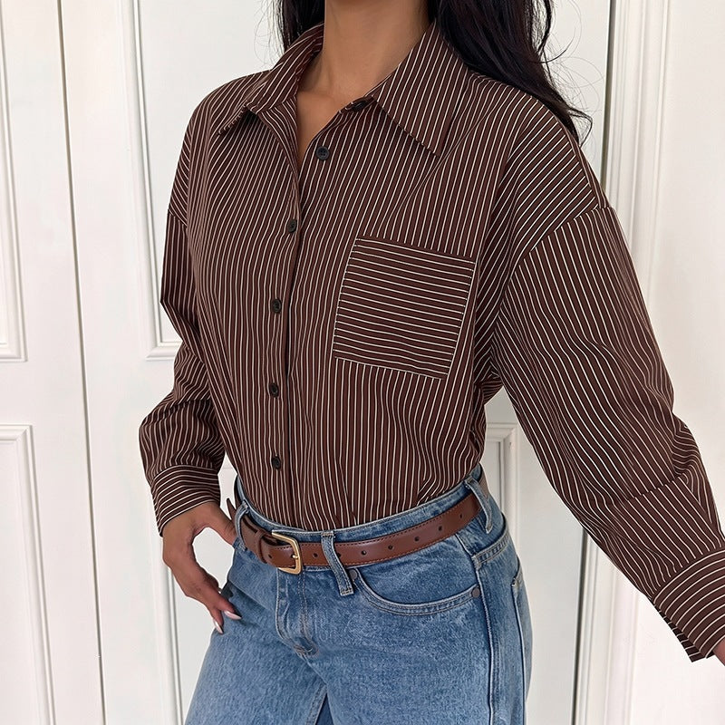 Collared striped long-sleeve shirt-style spliced bodysuit
