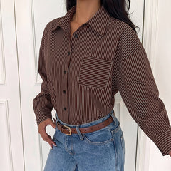 Collared striped long-sleeve shirt-style spliced bodysuit