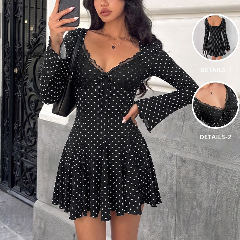 Polka-dot lace V-neck dress with flared sleeves and a fitted waist