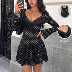 Polka-dot lace V-neck dress with flared sleeves and a fitted waist