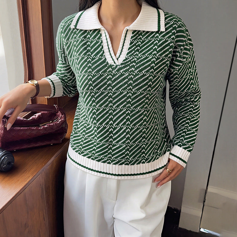 Diagonal-stripe half-placket sweater