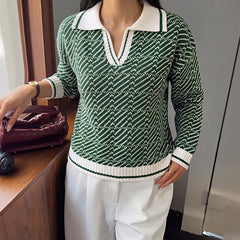 Diagonal-stripe half-placket sweater