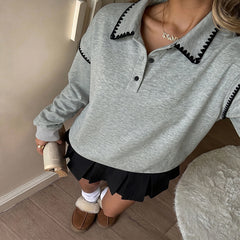 Button-up collared long-sleeve sweatshirt