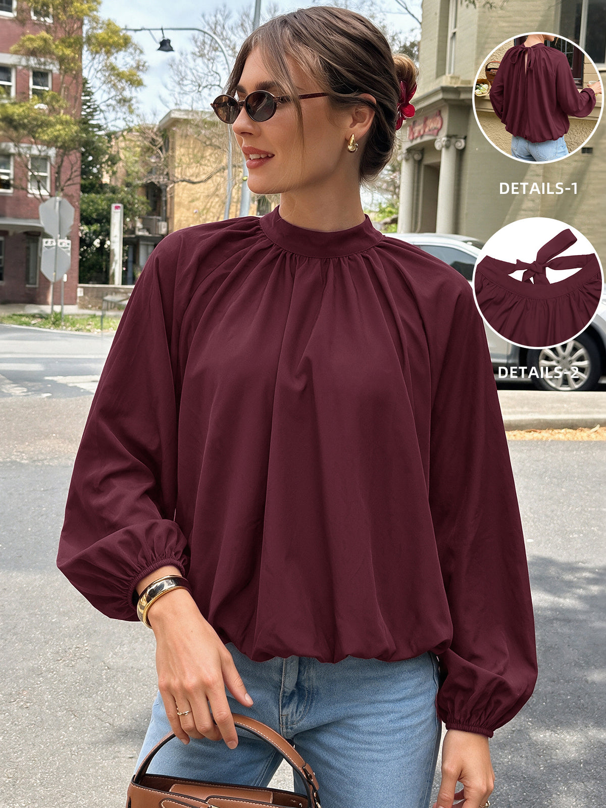 Mock-neck shirt with tie detail and tulip hem