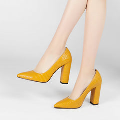 Pointed toe thick heel solid color high heels