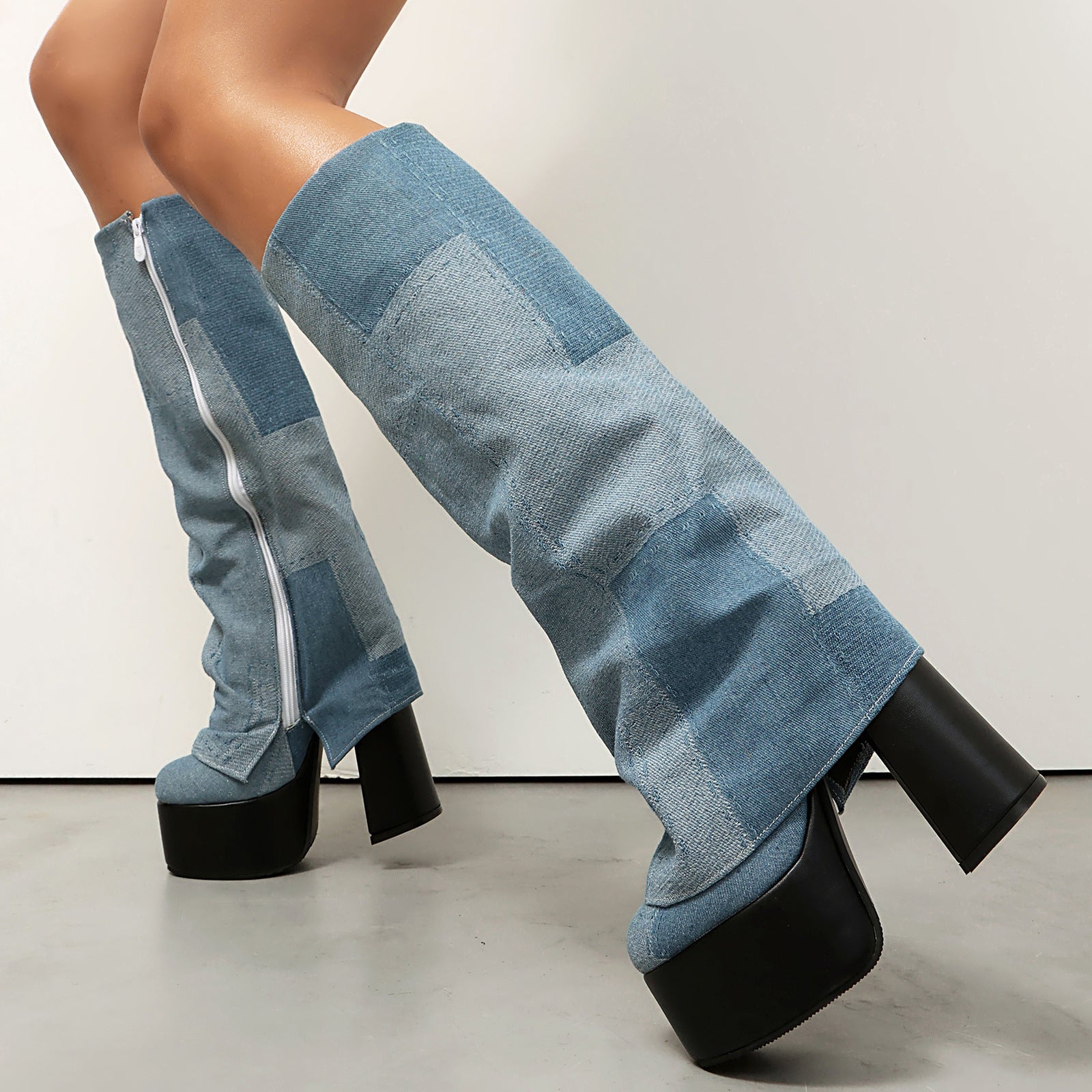 Platform High-Heeled Denim Boots