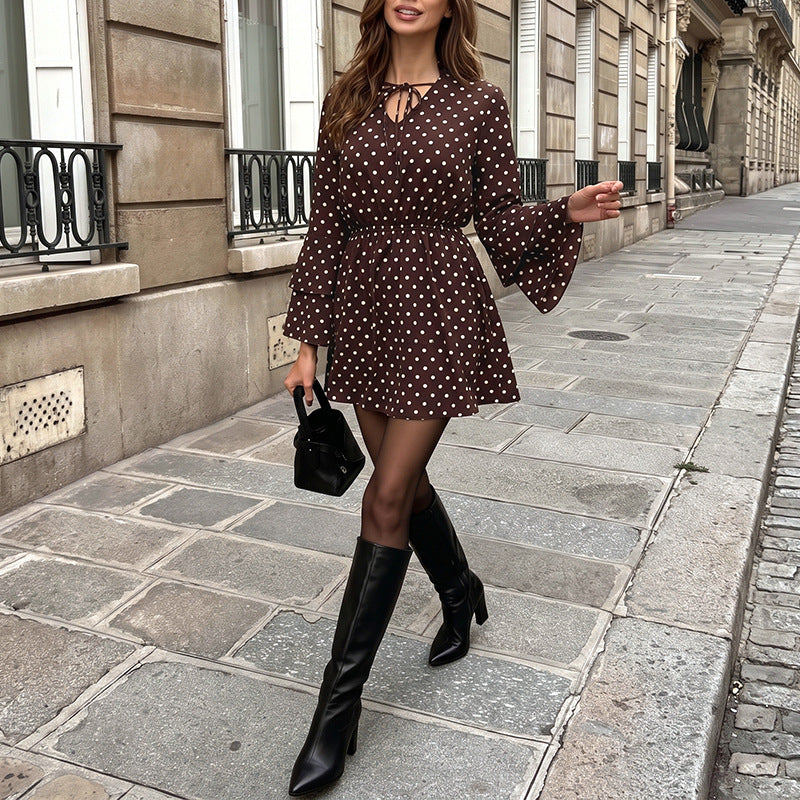 Polka-dot V-neck long-sleeve dress with ruffles and a tie-waist