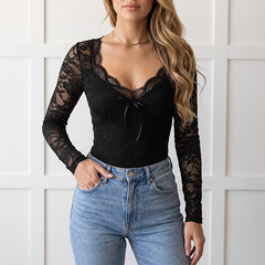 Black V-neck lace long-sleeve bodysuit