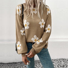 Long-sleeve floral jacquard pullover sweater