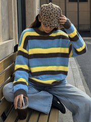 Color-block striped crew-neck sweater in faux mink-effect knit