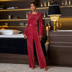 Solid-color metallic-thread jumpsuit