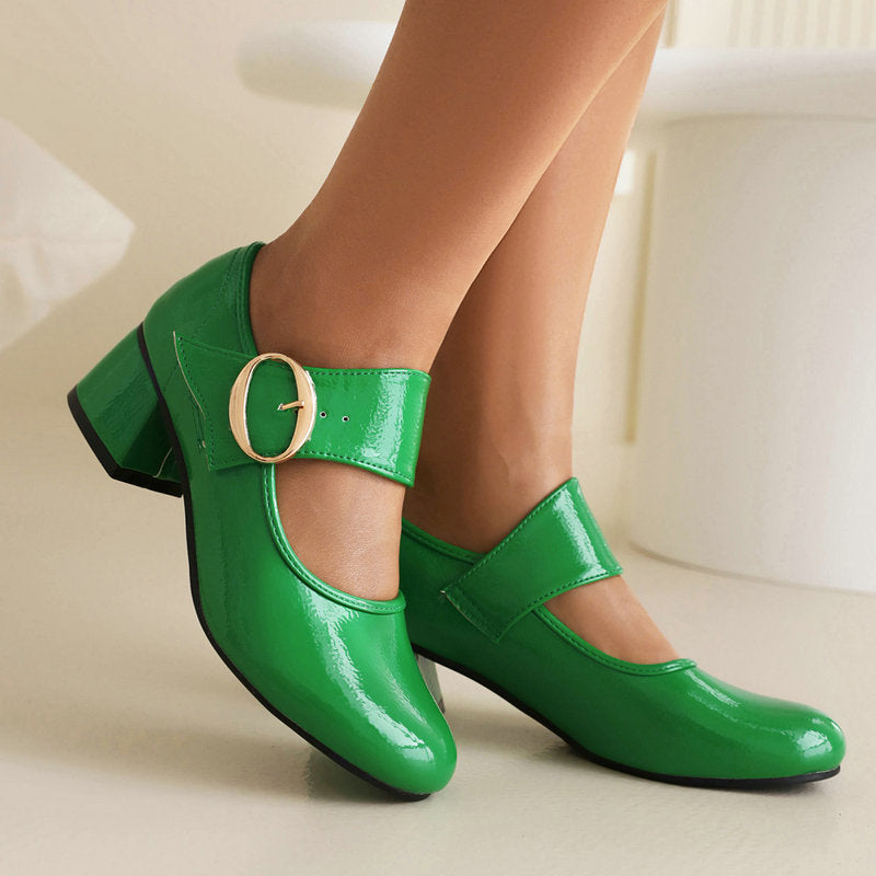 Patent Leather Mary Jane Shoes With Pearl Chunky Heels