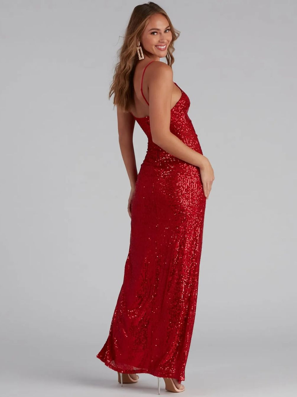 Spaghetti Straps Backless High Slit Slim Fit Sequin Gown - Red