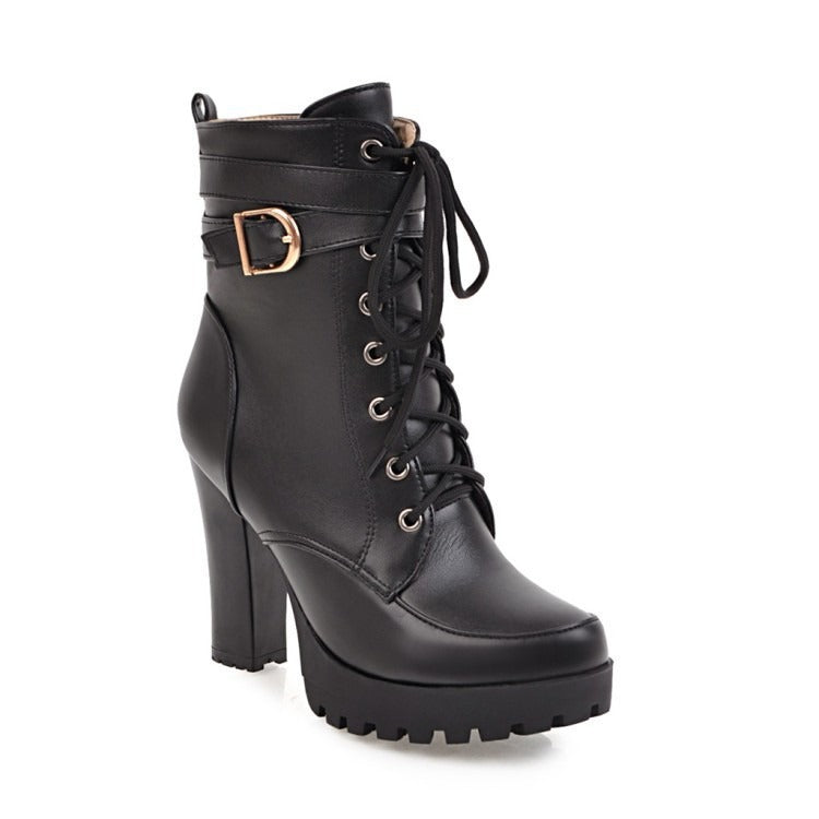 Buckle Lace-Up High Heel Low Boots