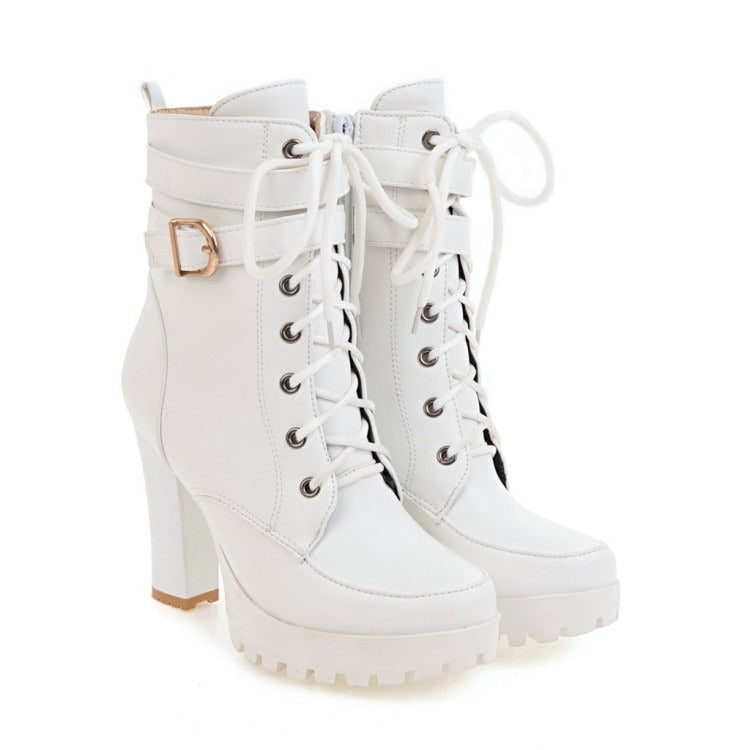 Buckle Lace-Up High Heel Low Boots