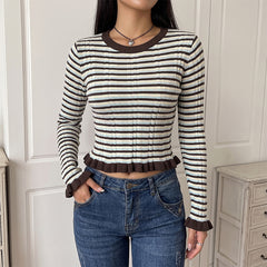 Knitted striped crew neck short-sleeved ruffled sweater