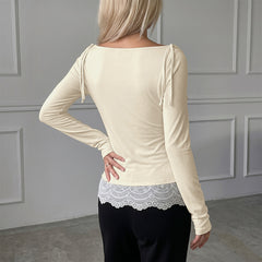 Fitted long-sleeve T-shirt with cowl neck and lace detailing