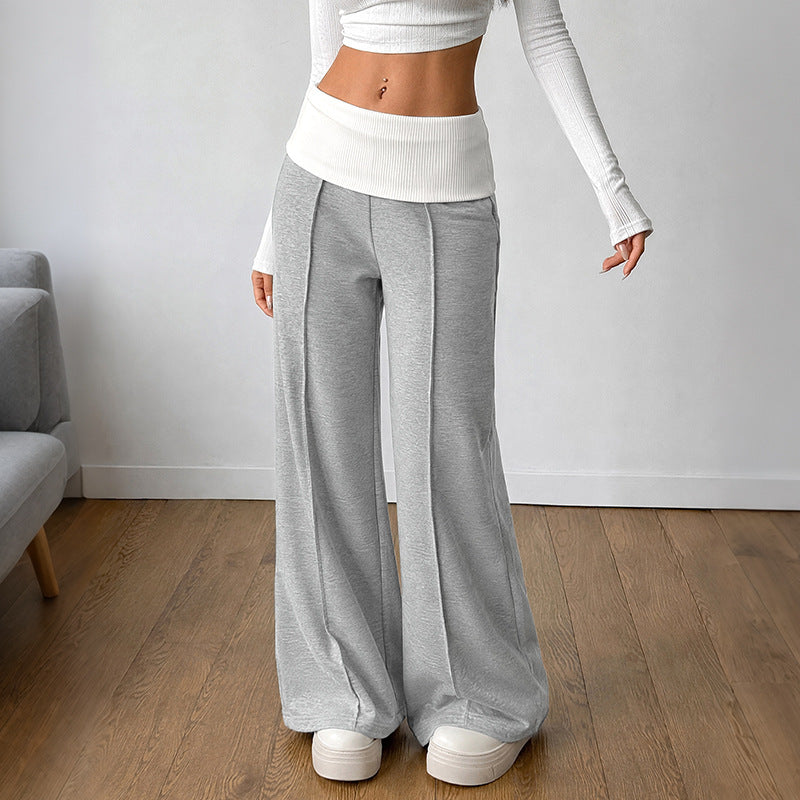 Color-block wide-leg trousers with center seams and folded cuffs