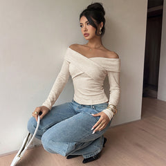 Solid-color off-the-shoulder T-shirt with a crossover neckline