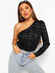 Janella Sequin Padded Shoulder Bodysuit - Green