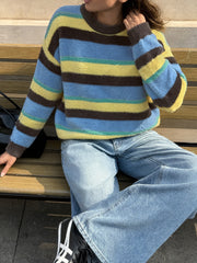 Color-block striped crew-neck sweater in faux mink-effect knit