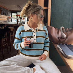 Striped knit polo sweater with a half-button placket